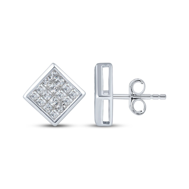 Main Image 3 of Men's KAY Lab-Grown Square-Cut Multi-Diamond Stud Earrings 1-1/4 ct tw Sterling Silver