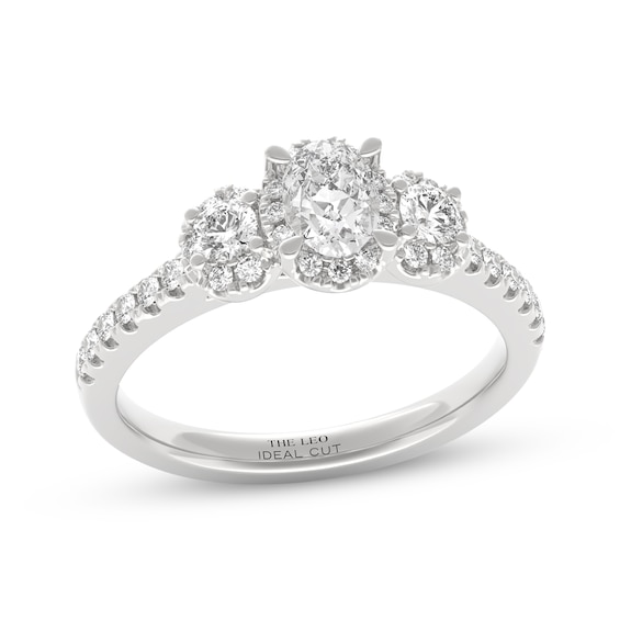 THE LEO Ideal Cut Diamond Oval-Cut Three-Stone Halo Engagement Ring 3/4 ct tw 14K White Gold