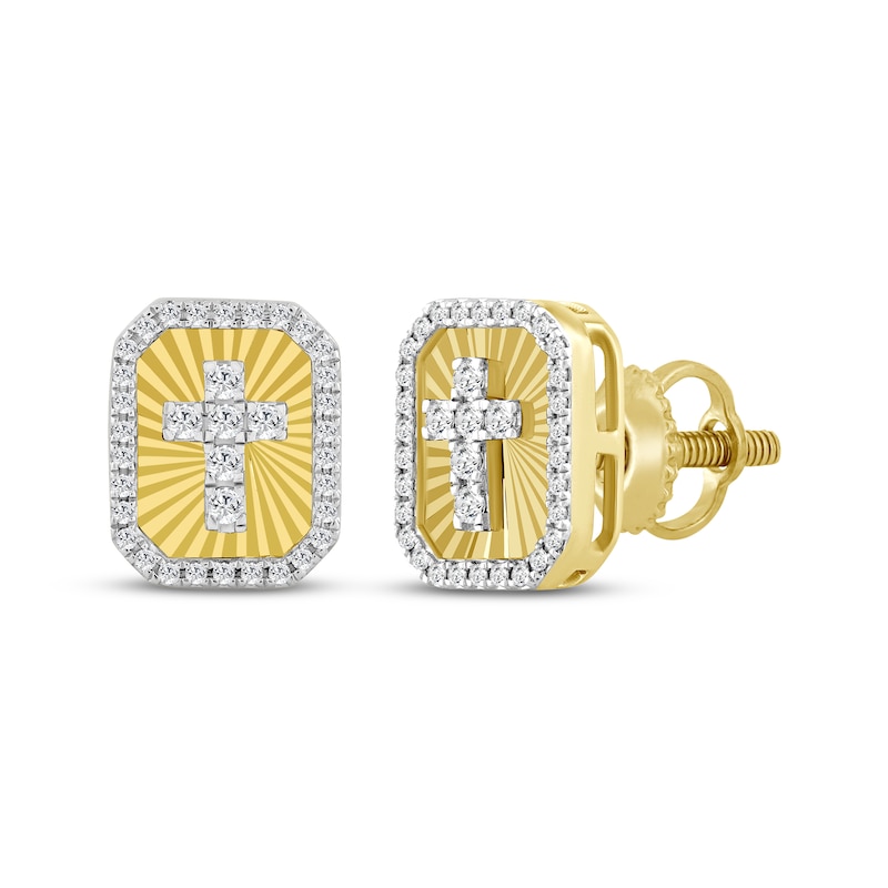 Main Image 1 of Men's Diamond Sunray Cross Stud Earrings 1/4 ct tw 10K Yellow Gold