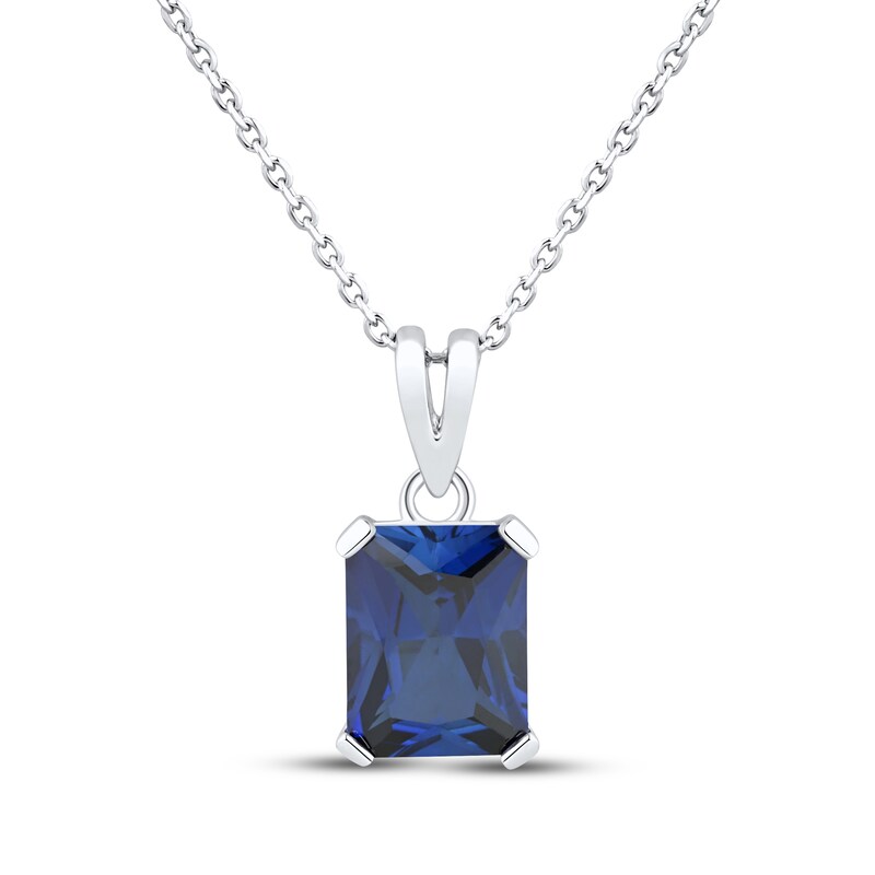 Main Image 1 of Emerald-Cut Blue Lab-Created Sapphire Solitaire Necklace Sterling Silver 18"