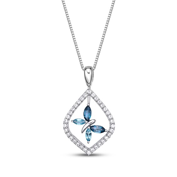Lab-Created Opal, London Blue Topaz & White Lab-Created Sapphire Butterfly Reversible Necklace Sterling Silver 18"