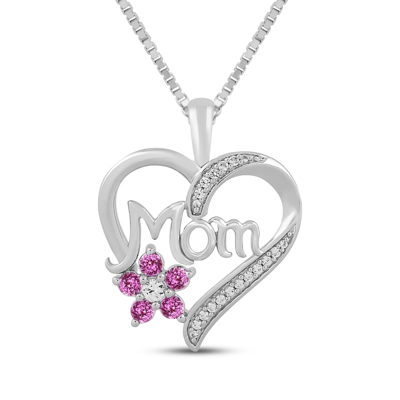 Main Image 1 of Pink & White Lab-Created Sapphire "Mom" Heart Flower Necklace Sterling Silver 18"