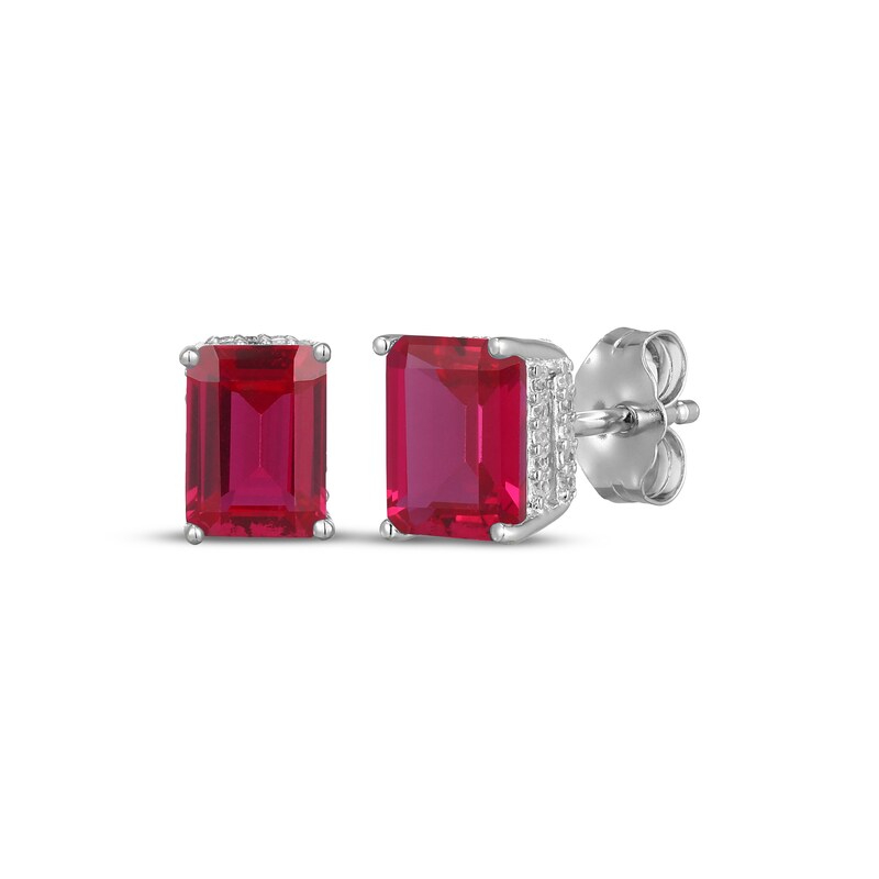 Main Image 1 of Emerald-Cut Lab-Created Ruby & White Lab-Created Sapphire Hidden Halo Stud Earrings Sterling Silver