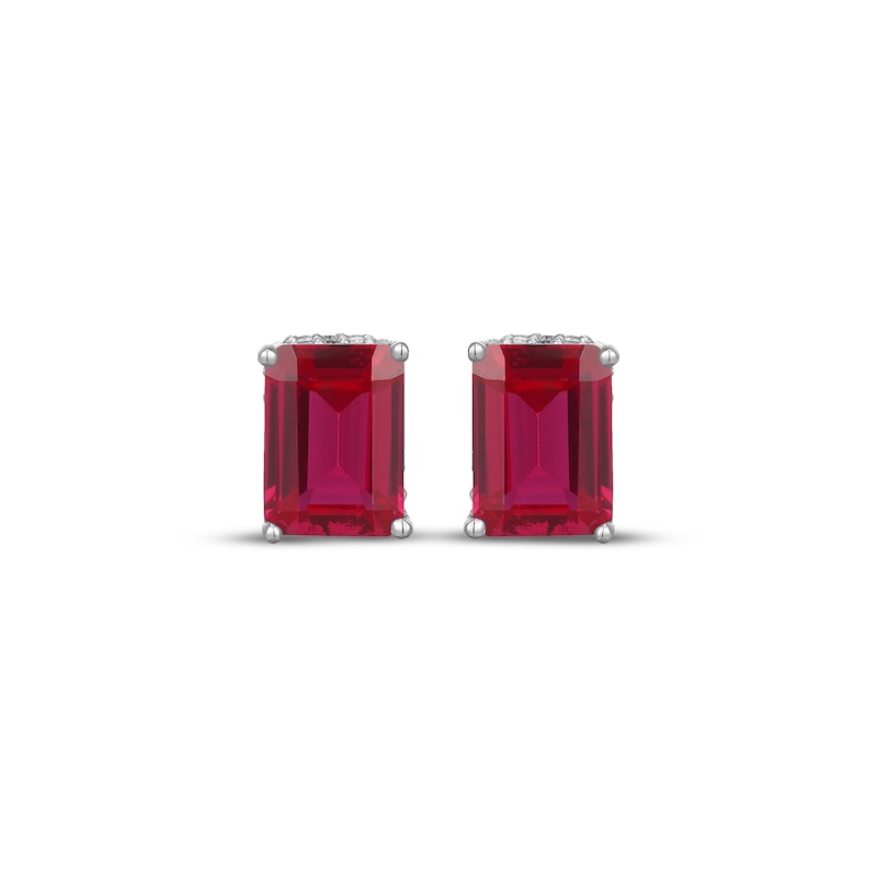 Main Image 2 of Emerald-Cut Lab-Created Ruby & White Lab-Created Sapphire Hidden Halo Stud Earrings Sterling Silver