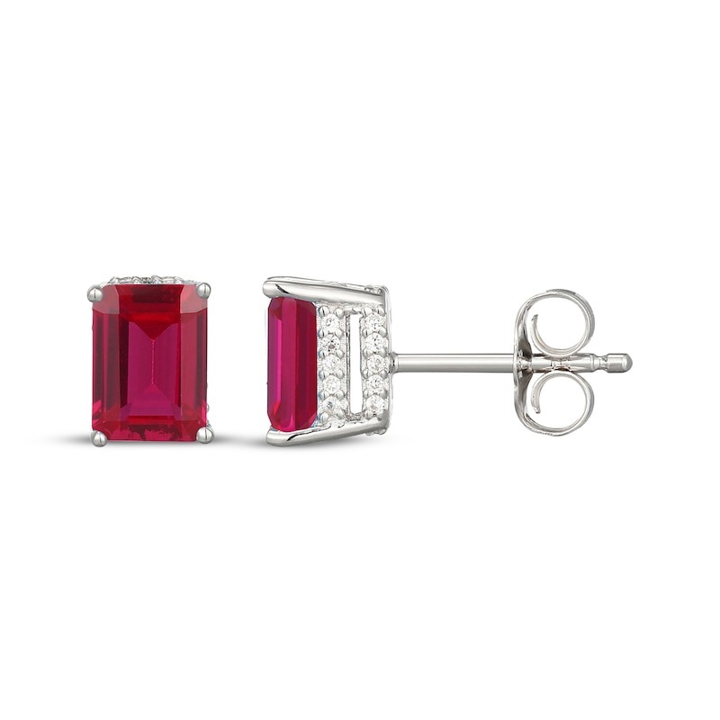 Main Image 3 of Emerald-Cut Lab-Created Ruby & White Lab-Created Sapphire Hidden Halo Stud Earrings Sterling Silver