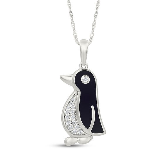 Diamond & Black Enamel Penguin Necklace 1/15 ct tw Sterling Silver 18"
