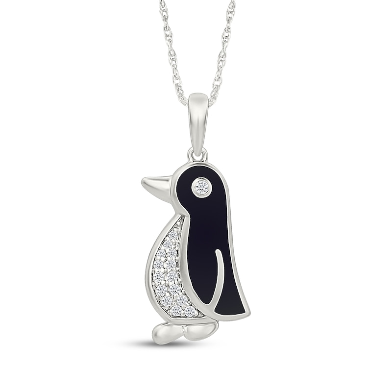 Main Image 1 of Diamond & Black Enamel Penguin Necklace 1/15 ct tw Sterling Silver 18"