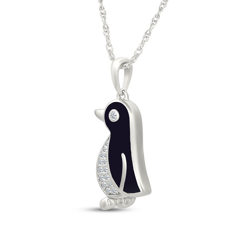 Main Image 2 of Diamond & Black Enamel Penguin Necklace 1/15 ct tw Sterling Silver 18"