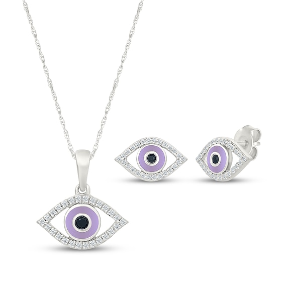 Black & White Diamond Purple Enamel Evil Eye Necklace & Stud Earrings Gift Set 1/3 ct tw Sterling Silver
