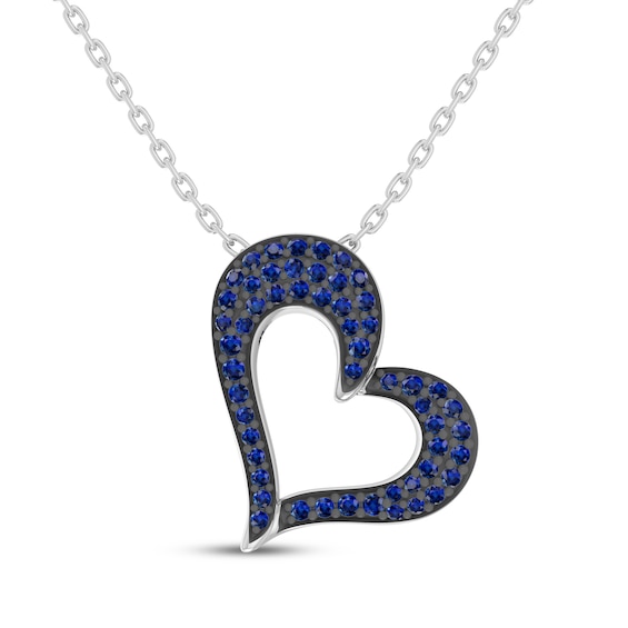 Blue & White Lab-Created Sapphire Reversible Tilted Heart Necklace Sterling Silver 18"