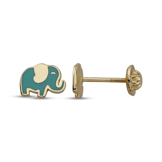 Children's Blue Enamel Elephant Stud Earrings 14K Yellow Gold