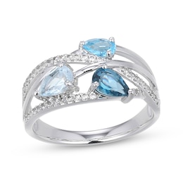 Pear-Shaped Sky Blue Topaz, Swiss Blue Topaz, London Blue Topaz & White Lab-Created Sapphire Crossover Ring Sterling Silver