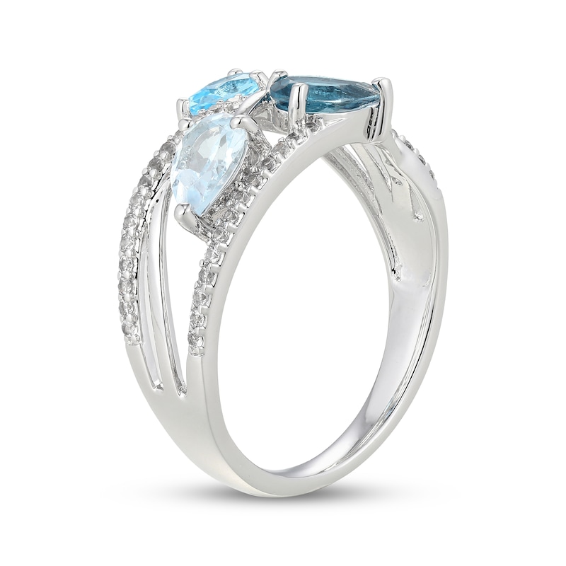 Main Image 2 of Pear-Shaped Sky Blue Topaz, Swiss Blue Topaz, London Blue Topaz & White Lab-Created Sapphire Crossover Ring Sterling Silver