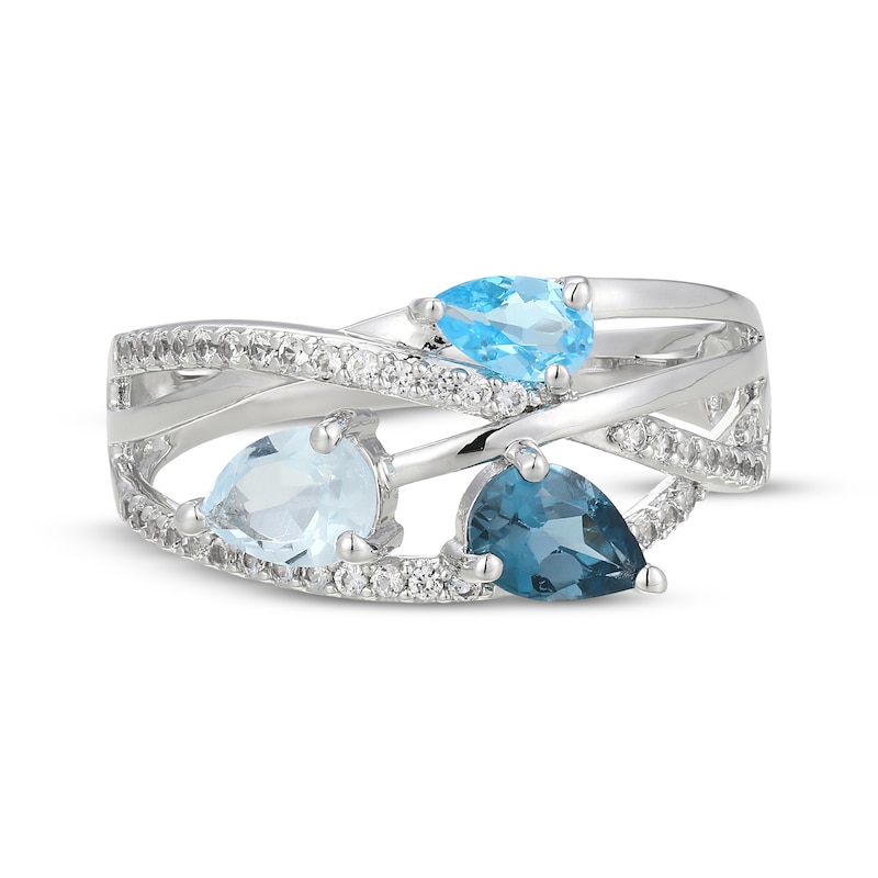 Main Image 3 of Pear-Shaped Sky Blue Topaz, Swiss Blue Topaz, London Blue Topaz & White Lab-Created Sapphire Crossover Ring Sterling Silver