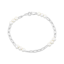 Cultured Pearl & Paperclip Chain Bracelet Sterling Silver 7.25"