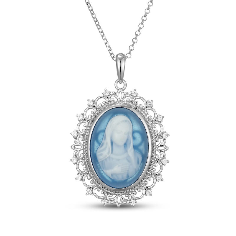 Main Image 1 of Oval-Cut Blue Agate Madonna Cameo Necklace Sterling Silver 20"