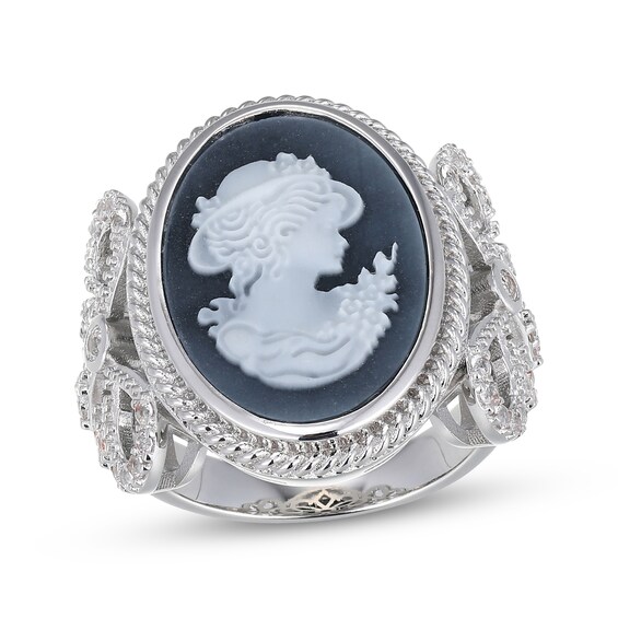 Oval-Cut Black Agate & White Lab-Created Sapphire Cameo Ring Sterling Silver