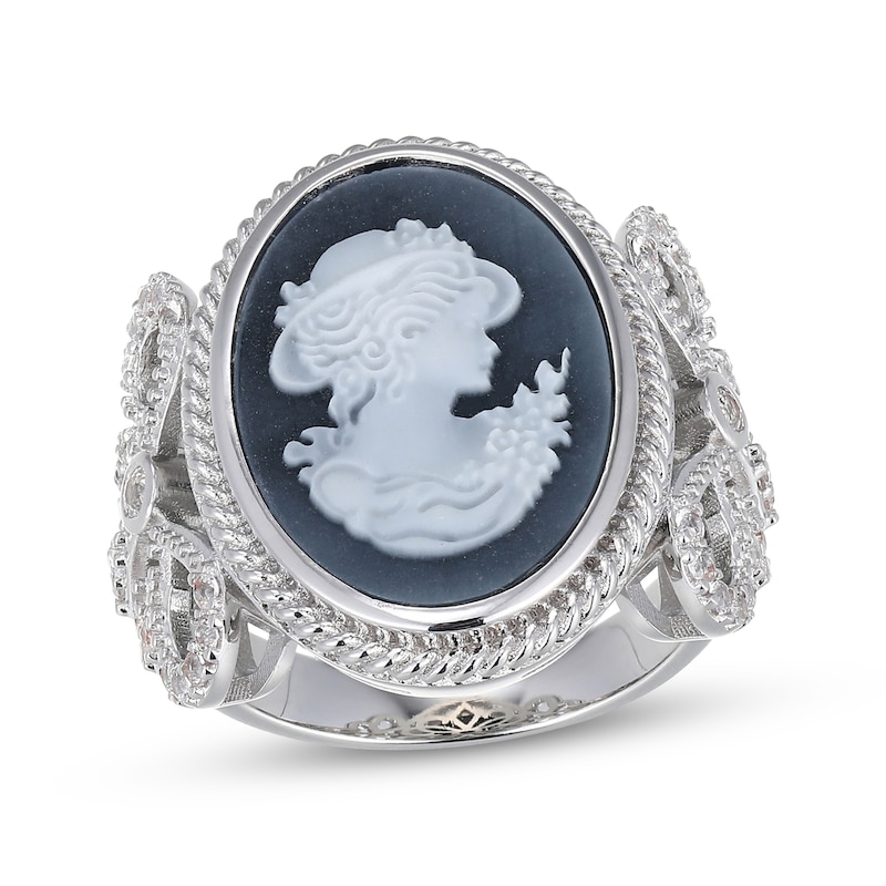 Main Image 1 of Oval-Cut Black Agate & White Lab-Created Sapphire Cameo Ring Sterling Silver