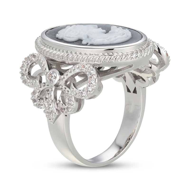Main Image 2 of Oval-Cut Black Agate & White Lab-Created Sapphire Cameo Ring Sterling Silver
