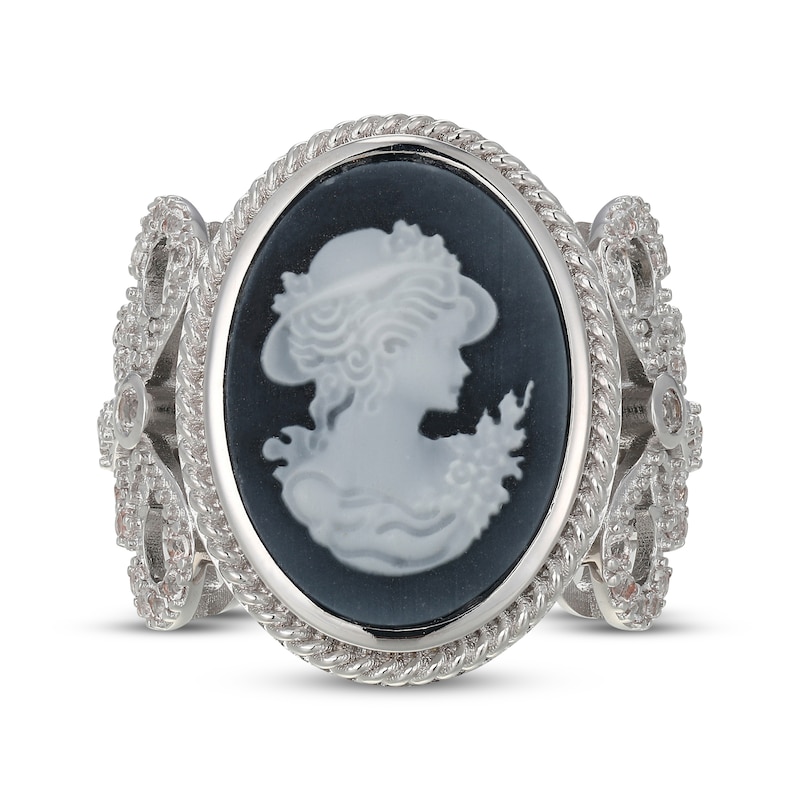 Main Image 3 of Oval-Cut Black Agate & White Lab-Created Sapphire Cameo Ring Sterling Silver