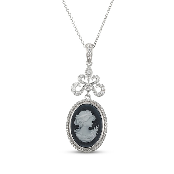 Oval-Cut Black Agate & White Lab-Created Sapphire Cameo Necklace Sterling Silver 20"