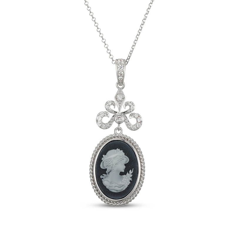Main Image 1 of Oval-Cut Black Agate & White Lab-Created Sapphire Cameo Necklace Sterling Silver 20"