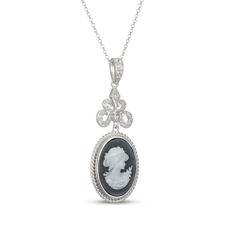 Main Image 2 of Oval-Cut Black Agate & White Lab-Created Sapphire Cameo Necklace Sterling Silver 20"