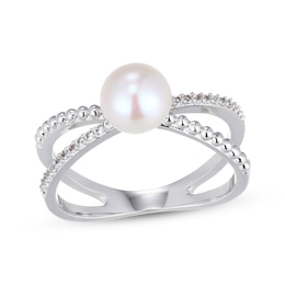 Cultured Pearl & White Lab-Created Sapphire Orbit Ring Sterling Silver
