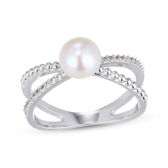 Cultured Pearl & White Lab-Created Sapphire Orbit Ring Sterling Silver