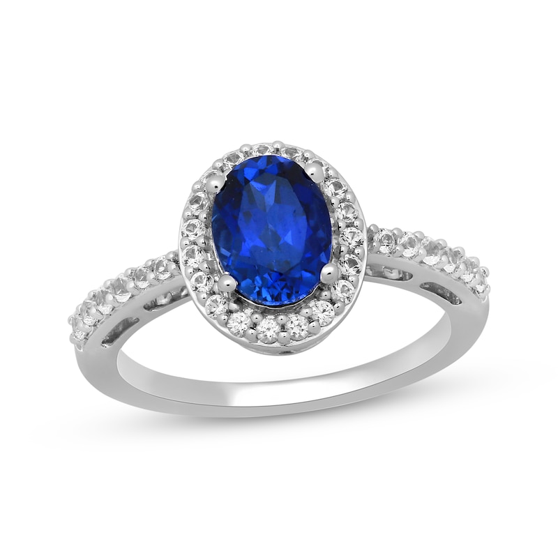 Main Image 1 of Oval-Cut Blue Lab-Created Sapphire & White Lab-Created Sapphire Halo Ring Sterling Silver