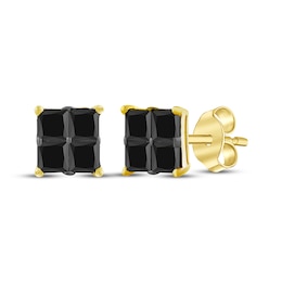 Men's Square-Cut Black Diamond Quad Stud Earrings 1 ct tw 10K Yellow Gold