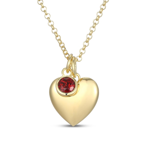 Garnet & Puff Heart Charm Toggle Necklace 24K Yellow Gold Vermeil Sterling Silver 18"
