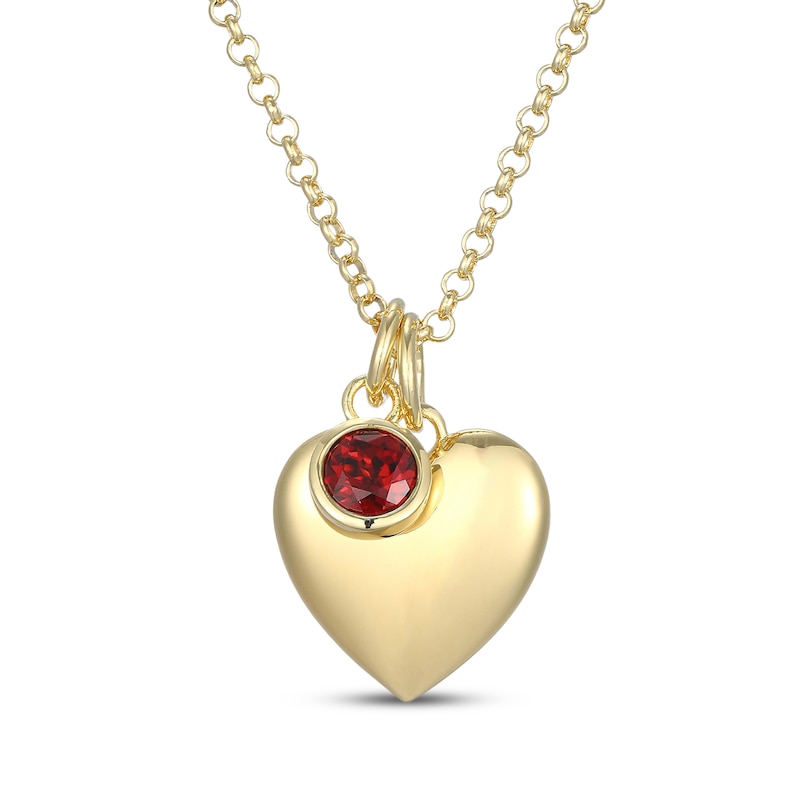 Main Image 1 of Garnet & Puff Heart Charm Toggle Necklace 24K Yellow Gold Vermeil Sterling Silver 18"