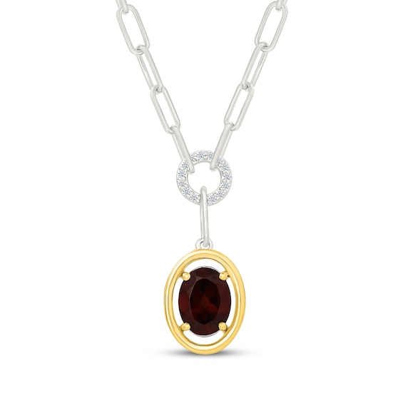 Oval-Cut Garnet & White Lab-Created Sapphire Drop Link Chain Necklace Sterling Silver & 10K Yellow Gold 18"