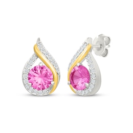 Pink & White Lab-Created Sapphire Teardrop Drop Earrings Sterling Silver & 10K Yellow Gold
