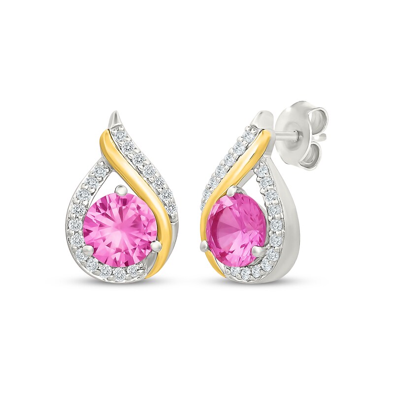 Main Image 1 of Pink & White Lab-Created Sapphire Teardrop Drop Earrings Sterling Silver & 10K Yellow Gold