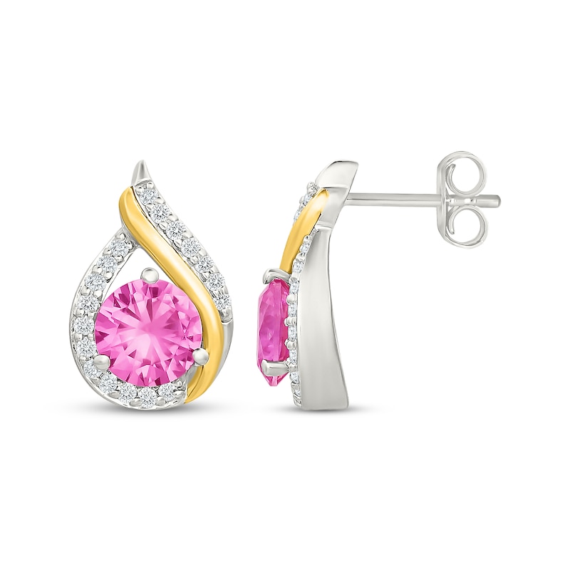 Main Image 3 of Pink & White Lab-Created Sapphire Teardrop Drop Earrings Sterling Silver & 10K Yellow Gold