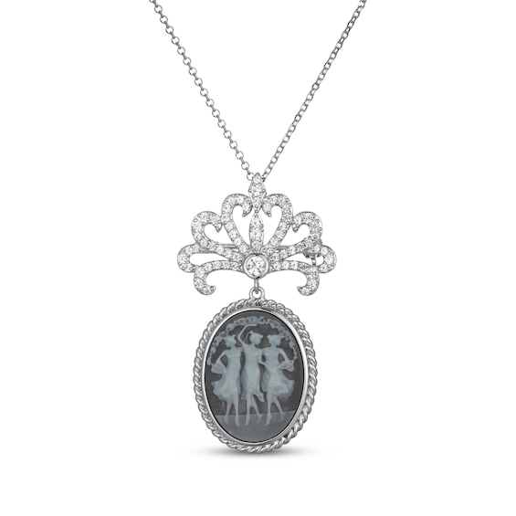 Oval-Cut Chalcedony & White Lab-Created Sapphire Cameo Necklace Sterling Silver 18"