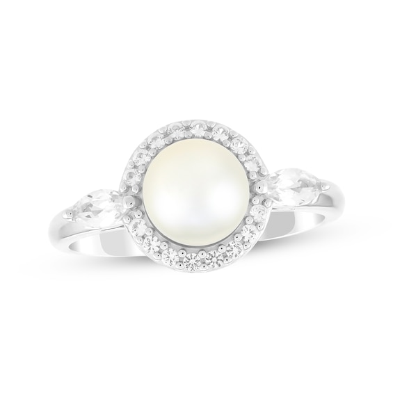 Cultured Pearl & White Lab-Created Sapphire Halo Fashion Ring Sterling Silver