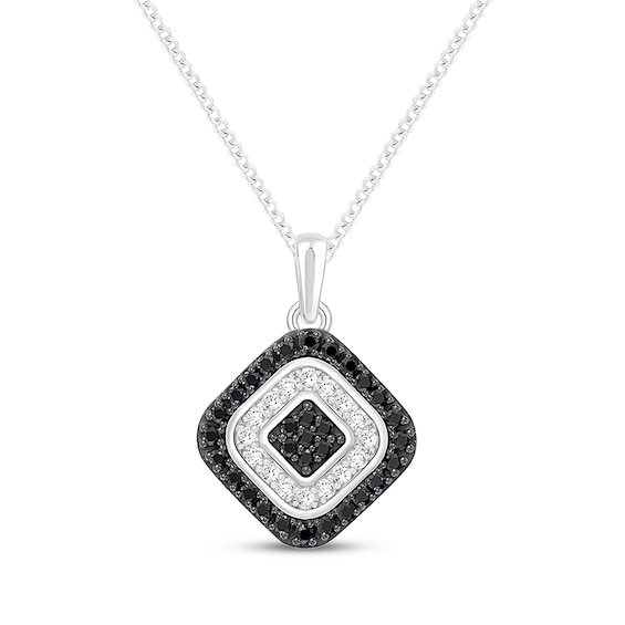 Black & White Diamond Tilted Cushion Halo Necklace 1/5 ct tw Sterling Silver 19"