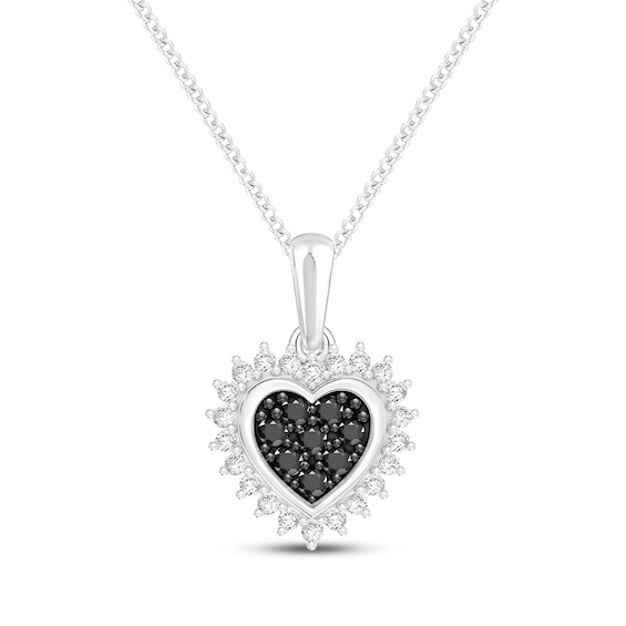 Black & White Diamond Halo Heart Necklace 1/6 ct tw Sterling Silver 19"