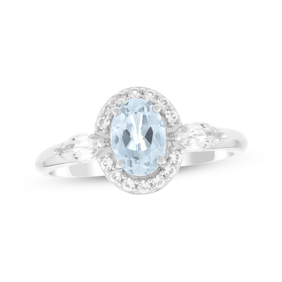 Oval-Cut Aquamarine & White Lab-Created Sapphire Halo Ring Sterling Silver
