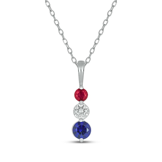 Patriotic Blue Lab-Created Sapphire, Lab-Created Ruby & Diamond Graduated Drop Necklace 1/6 ct tw Sterling Silver 18"