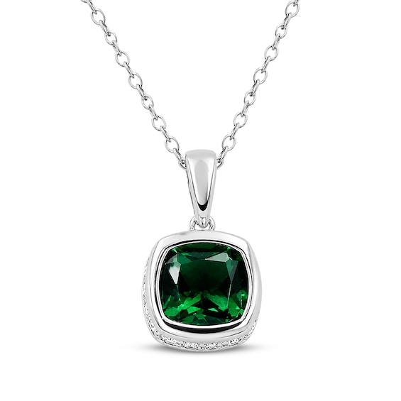 Cushion-Cut Lab-Created Emerald & White Lab-Created Sapphire Hidden Halo Necklace Sterling Silver 18"