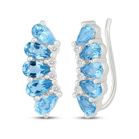 Pear-Shaped Natural Swiss Blue Topaz & White lab-Created Sapphire Climber Earrings Sterling Silver