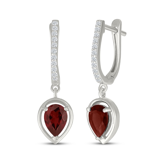 Pear-Shaped Natural Garnet & White Lab-Created Sapphire Hoop Drop Earrings Sterling Silver