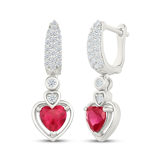 Heart-Shaped Lab-Created Ruby & White Lab-Created Sapphire Hoop Drop Earrings Sterling Silver
