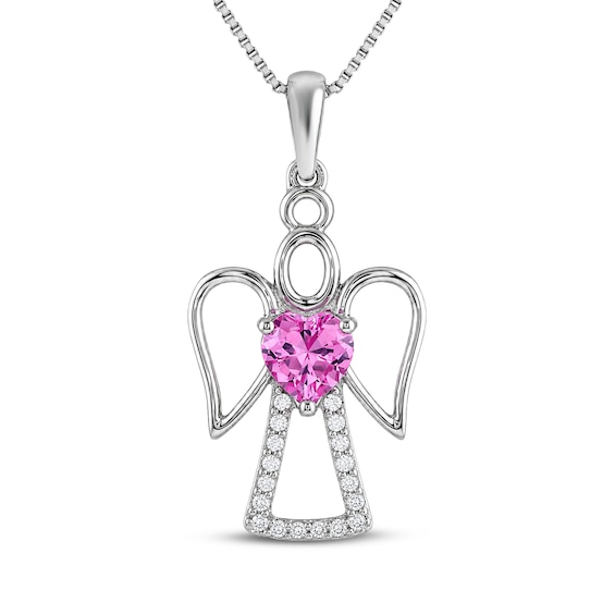 Heart-Shaped Pink & White Lab-Created Sapphire Angel Necklace Sterling Silver 18"
