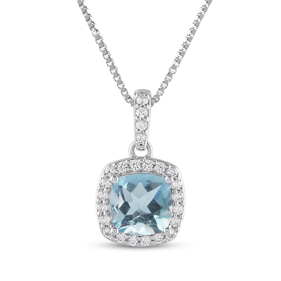 Cushion-Cut Natural Aquamarine & White Lab-Created Sapphire Halo Necklace Sterling Silver 18"
