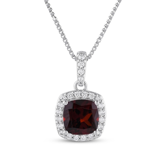 Cushion-Cut Natural Garnet & White Lab-Created Sapphire Halo Necklace Sterling Silver 18"